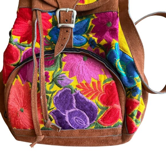 Handmade Embroidered Backpack With Adjustable Straps & Buckle Closure In Multico - Picture 2 of 6